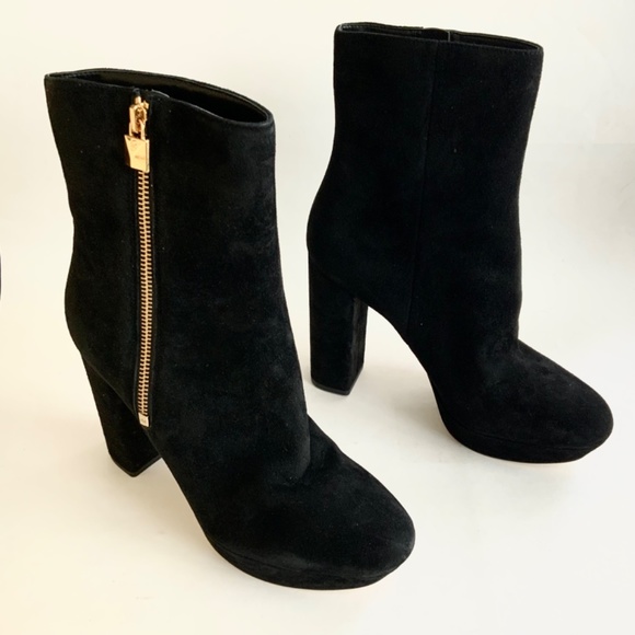Michael Kors Frenchie Black Suede Stiletto Block Heel Platform Logo Ankle Bootie - Picture 8 of 9